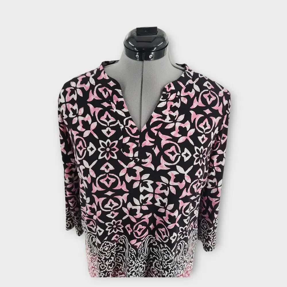 Susan Graver Blouse Women's LP 3/4 Sleeve V-Neck Stretch Floral Design Slinky - Picture 3 of 7